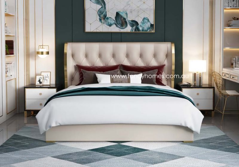 Fancy Homes Giselle Contemporary Leather Bed Frame Leather Beds Online with Gold Trims