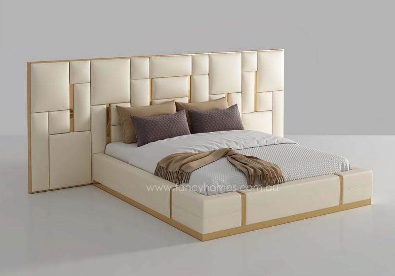 Fancy Homes Orlando-B Contemporary Leather Bed Frame with Gold Trim on Bed Head. The Bed Head is Extended. Available in Queen Size and King Size