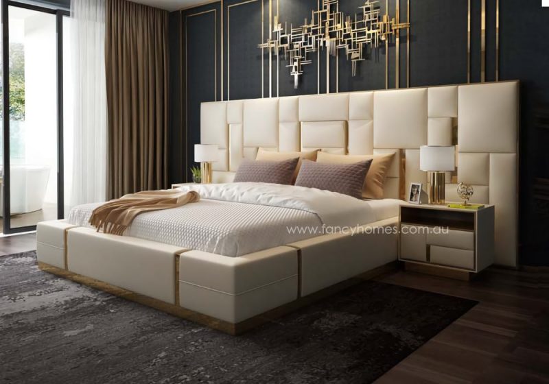 Fancy Homes Orlando-B Contemporary Leather Bed Frame with Gold Trim on Bed Head. The Bed Head is Extended. Available in Queen Bed and King Size. Matching Design Bed Side Tables are Also Available