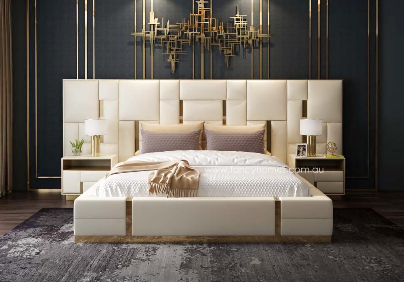 Fancy Homes Orlando-B Contemporary Leather Bed Frame with Gold Trim on Bed Head. The Bed Head is Extended. Available in Queen Size Bed and King Size Bed