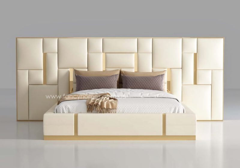 Fancy Homes Orlando-B Contemporary Leather Bed Frame with Gold Trim on Bed Head. The Bed Head is Extended. Available in Queen Bed and King Bed