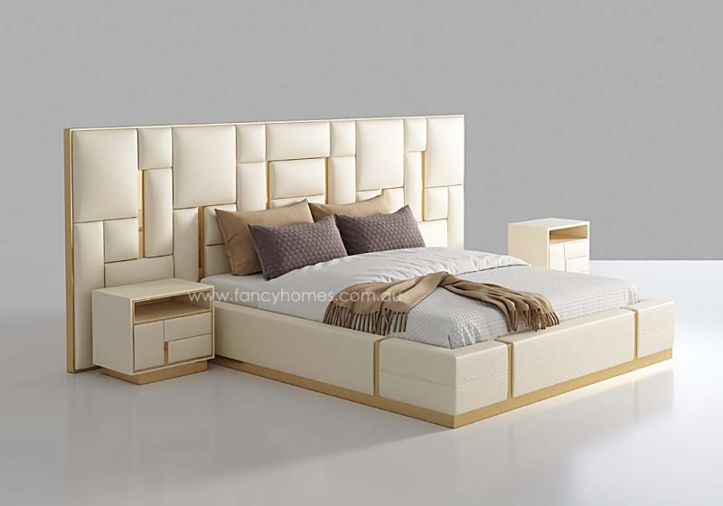 Fancy Homes Orlando-B Contemporary Leather Bed Frame with Gold Trim on Bed Head. The Bed Head is Extended. Available in Queen Size Bed and King Size Bed. Matching Design Bedside Tables are Also Available