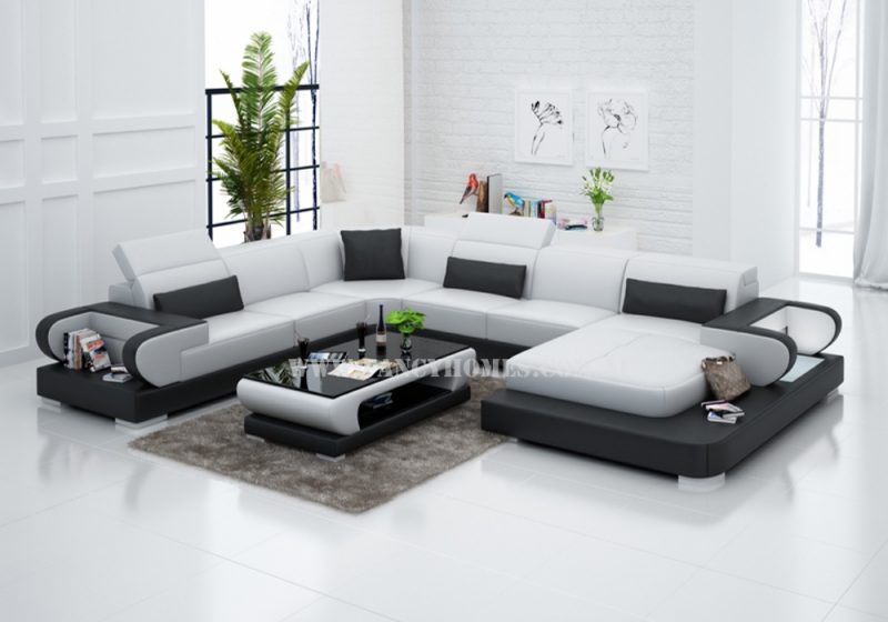 Fancy Homes Teresa modular leather sofa in white and black leather featuring LED lighting system, storage armrests and adjustable headrests