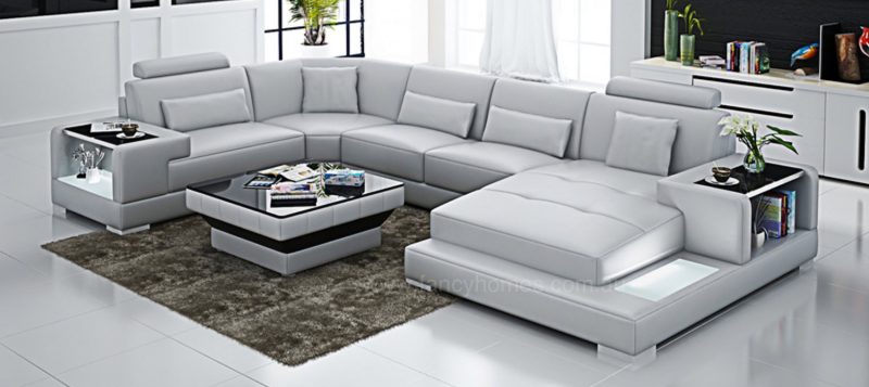 Fancy Homes Verena modular leather sofa in white leather with LED lighting system and built-in side tables