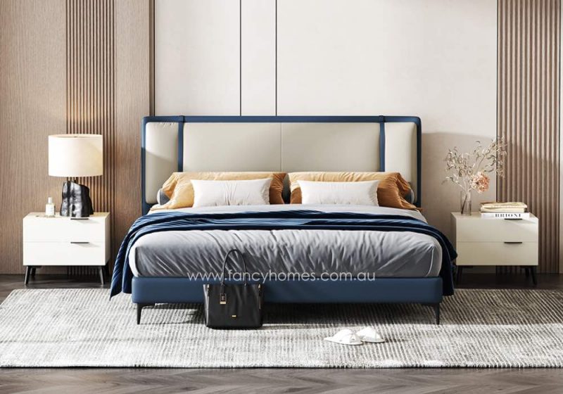 Willow Contemporary Leather Bed Frame Leather Beds Online Cream and Blue Two Tone Colour Front