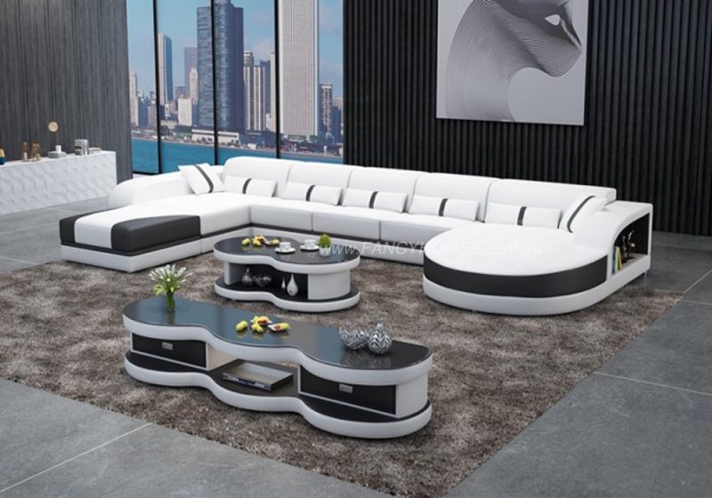 Fancy Homes Dominic Modular Leather Sofa in White and Black Leather with Adjustable Headrests and Open Shelf Displays