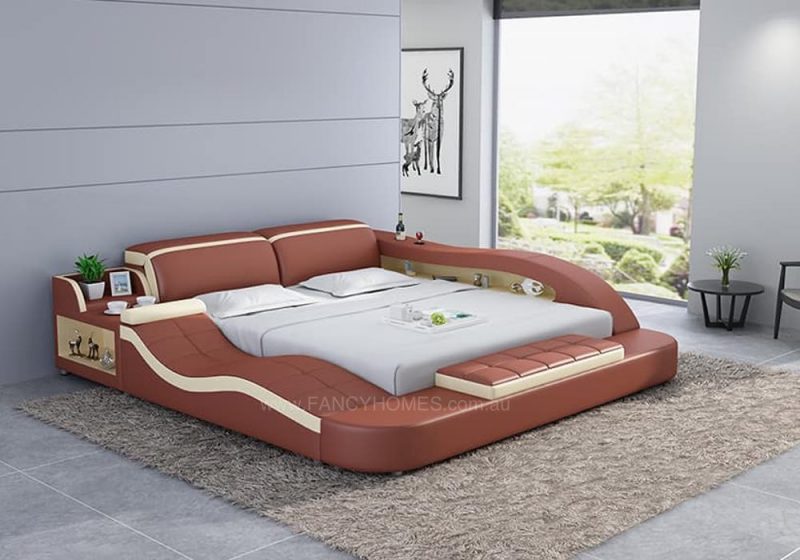 Fancy Homes Tanika Italian Leather Bed Frame, Leather Beds in bronze and cream