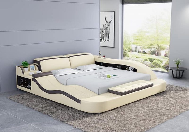 Fancy Homes Tanika Italian Leather Bed Frame, Leather Beds in cream and dark brown