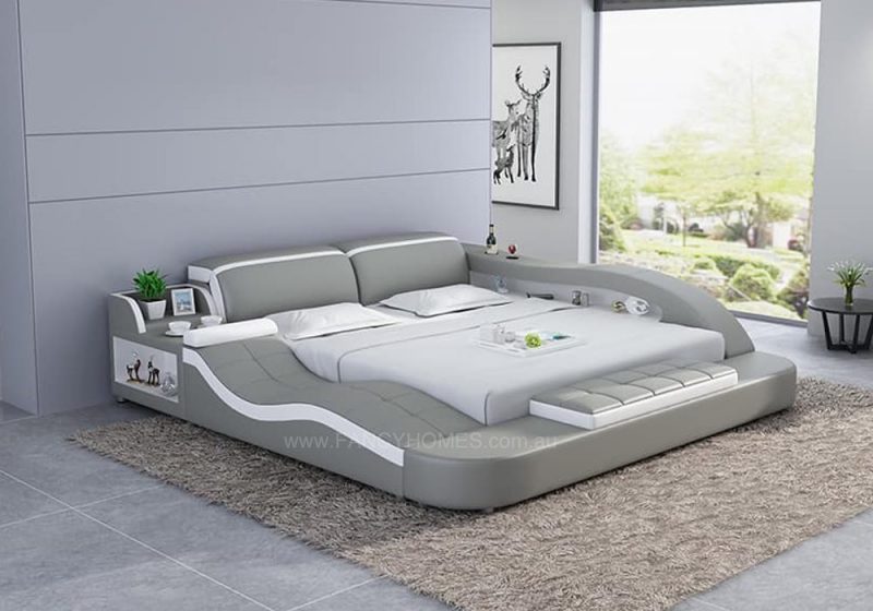 Fancy Homes Tanika Italian Leather Bed Frame, Leather Beds in light grey and white