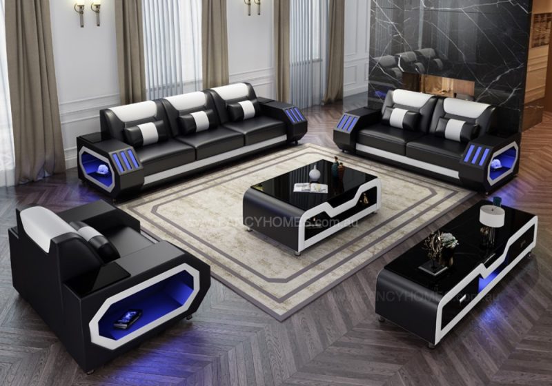 Fancy Homes Razzo-D Lounges Suites Leather Sofa in Black and White Leather