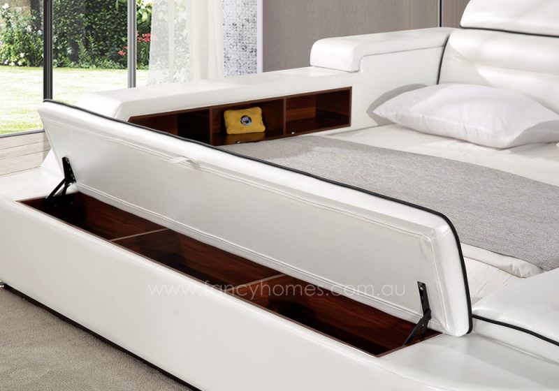 The storage ottoman on the tail board of the Karina multifunctional Italian leather bed frame