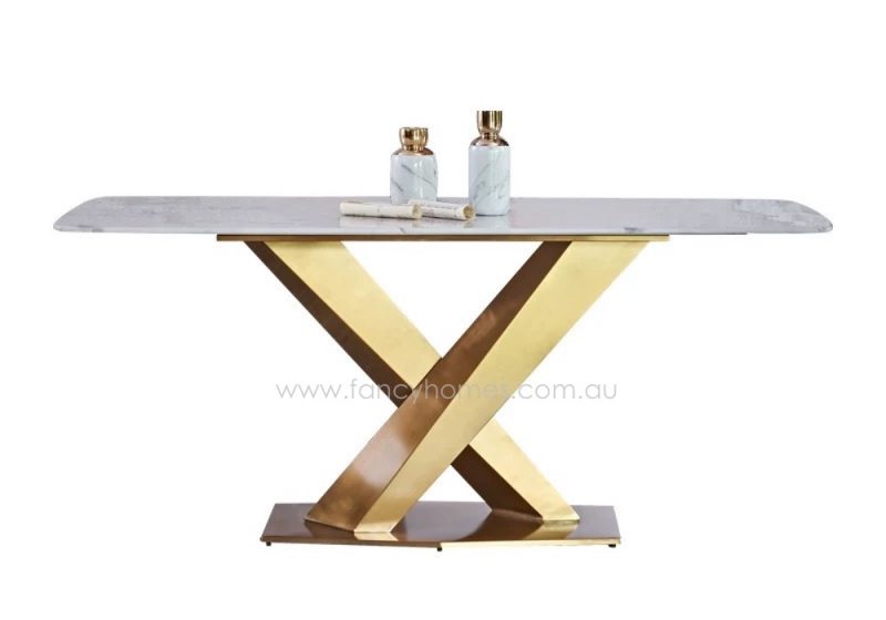 Fancy Homes Rocco Marble Top Dining Table with Gold Stainless Steel Base Front