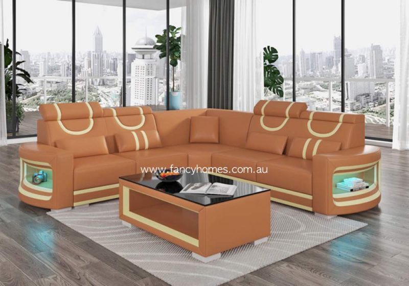 Fancy Homes Calista-B Corner Leather Sofa Tan and Cream