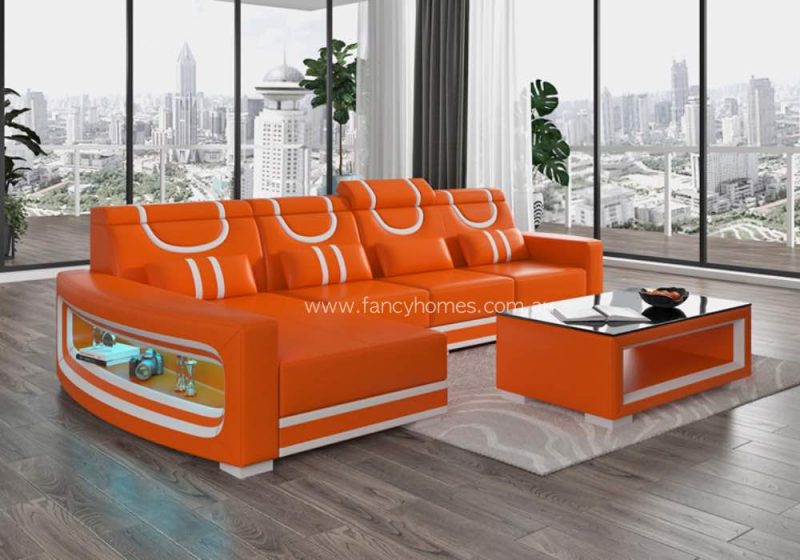 Fancy Homes Calista-C Chaise Leather Sofa Orange and Pure White