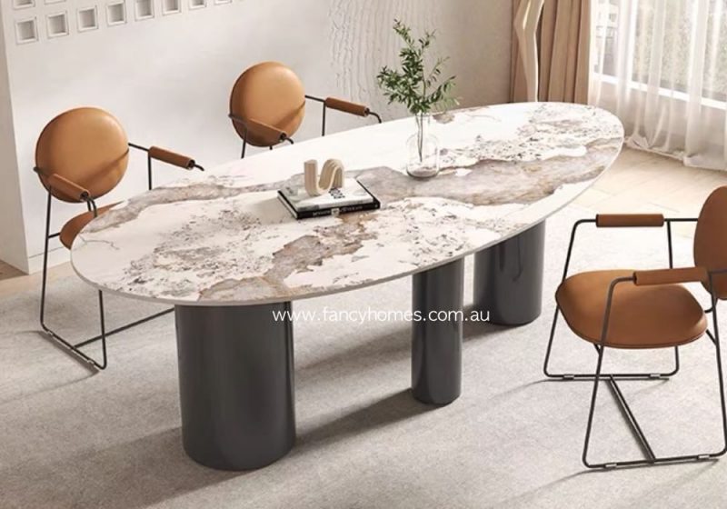Fancy Homes Athena Oval Shape Sintered Stone Dining Table Black Stainless Steel Base