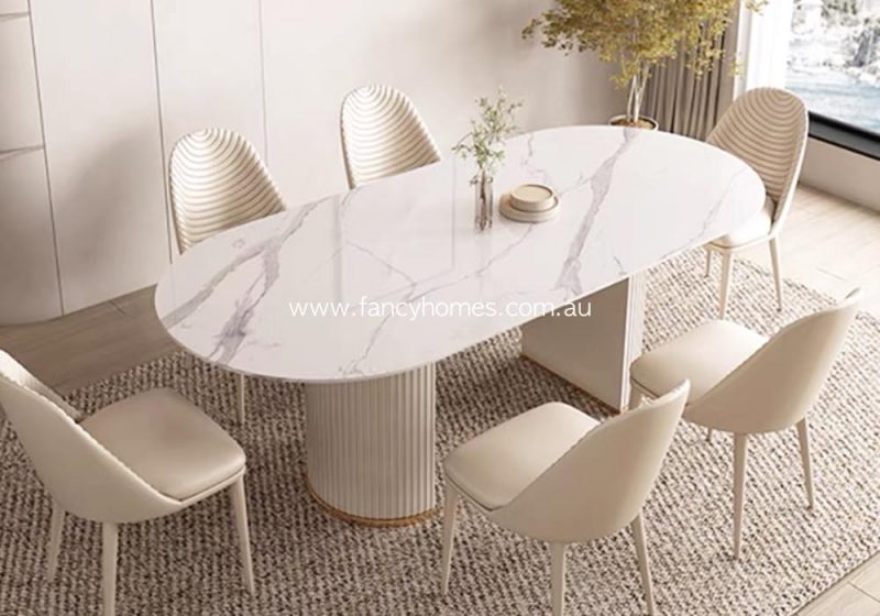 Fancy Homes Charlotte Sintered Stone Dining Table Off White Base White and Grey Top