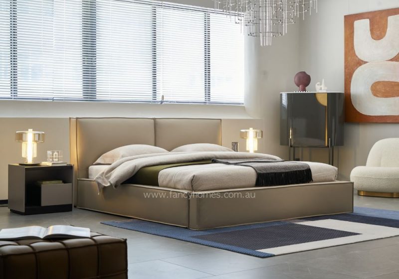 Fancy Homes Cube Contemporary Leather Bed Frame Leather Beds Online Beige Colour