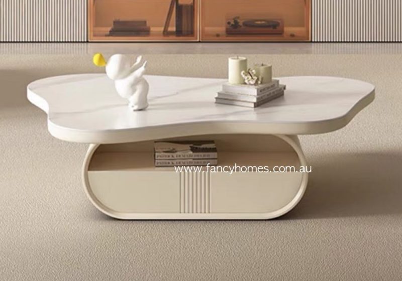 Fancy Homes Jolie Asymmetric Butterfly Cloud Shape Sintered Stone Coffee Table With Open Storage and Drawer Unit