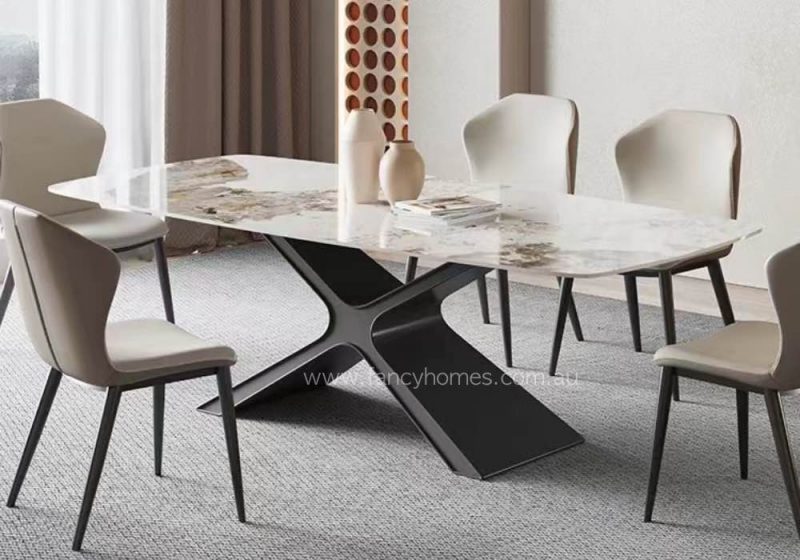 Fancy Homes Theo Glossy Sintered Stone Top Dining Table With Pandora Colour Top and X Shape Black Base