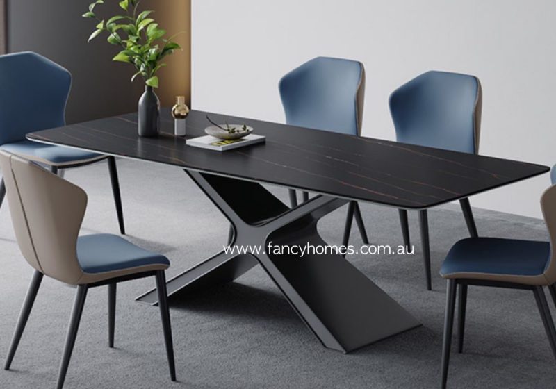Fancy Homes Theo Black Sintered Stone Top Dining Table With X Shape Black Base