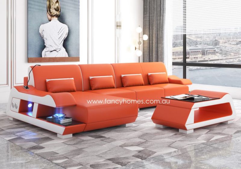 Fancy Homes Campbell-C Chaise Leather Sofa Orange and Pure White with Blue Lighting and Bluetooth Speaker and USB Port Futuristic Style