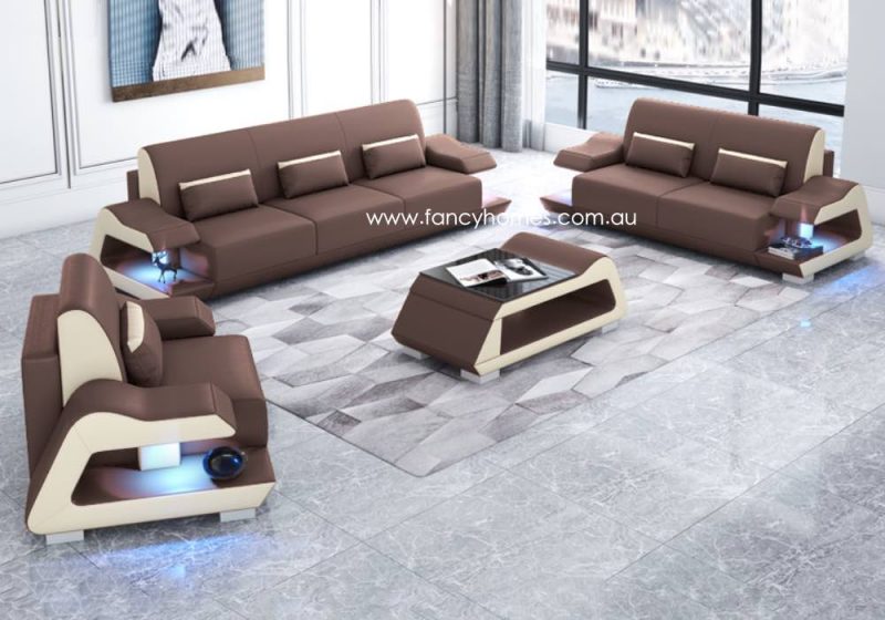 Fancy Homes Campbell-D Lounges Suites Leather Sofa Brown and Off White with Blue Lighting Futuristic Style
