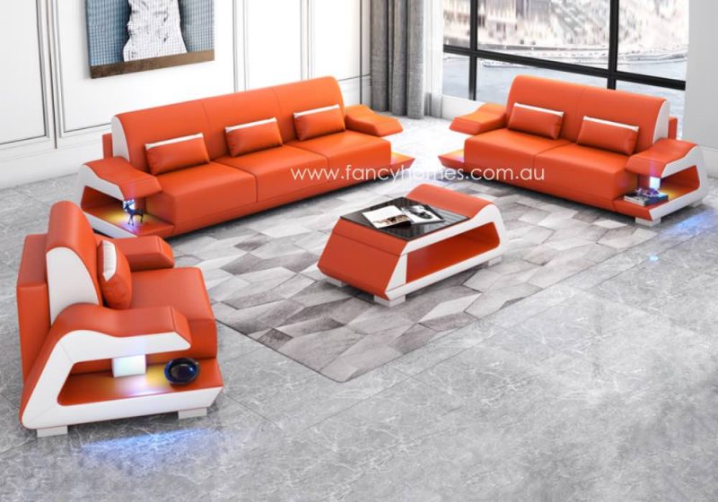 Fancy Homes Campbell-D Lounges Suites Leather Sofa Orange and Pure White with Blue Lighting Futuristic Style