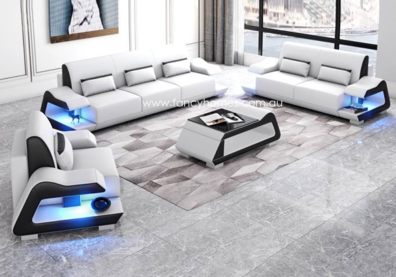 Fancy Homes Campbell-D Lounges Suites Leather Sofa Pure White and Black with Blue Lighting Futuristic Style