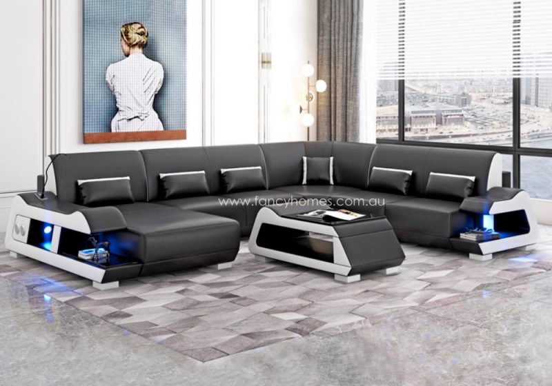 Fancy Homes Campbell Modular Leather Sofa Black and White with Blue Lighting and Bluetooth Speaker