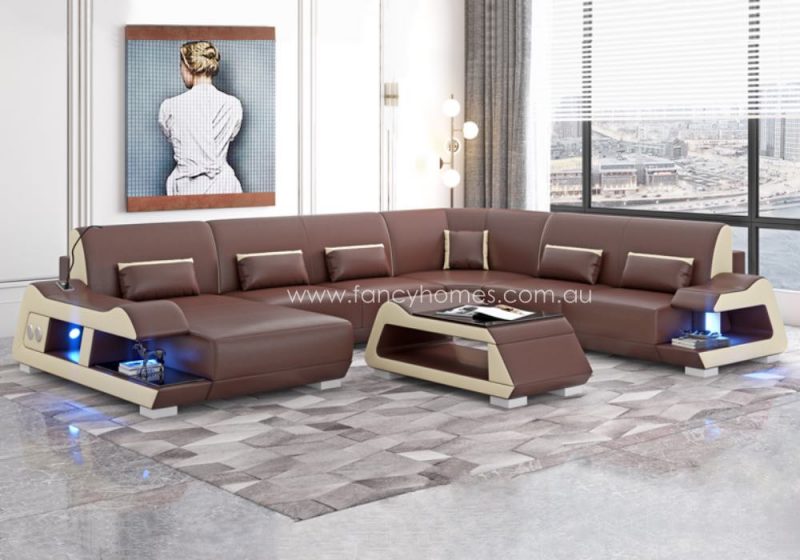 Fancy Homes Campbell Modular Leather Sofa Brown and Cream with Blue Lighting and Bluetooth Speaker