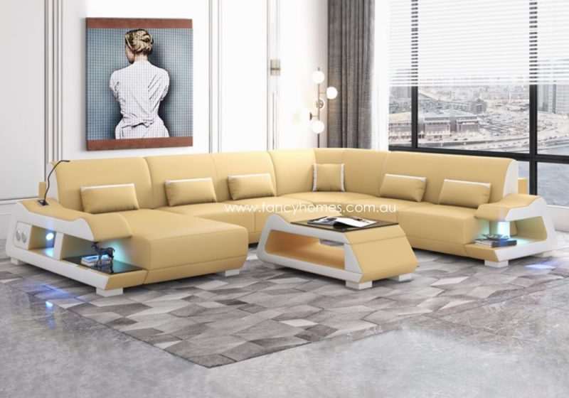 Fancy Homes Campbell Modular Leather Sofa Cream and Pure White with Blue Lighting and Bluetooth Speaker