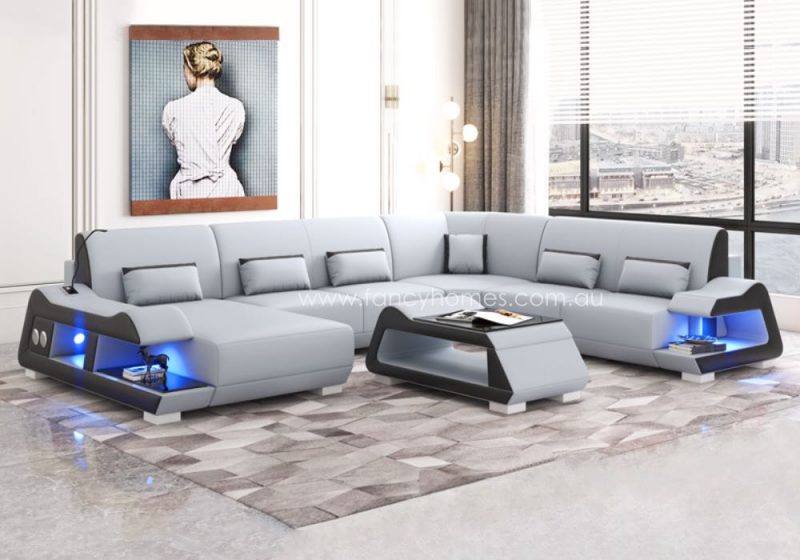 Fancy Homes Campbell Modular Leather Sofa Light Grey and Black with Blue Lightings and Bluetooth Speaker