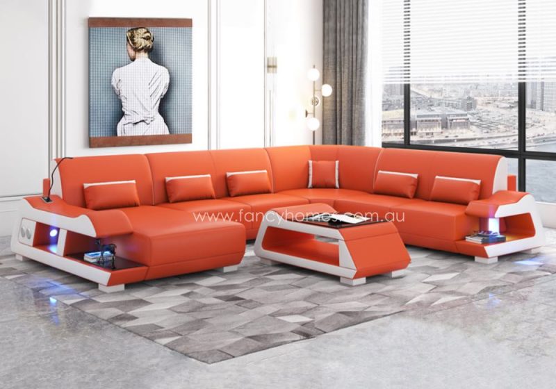 l Modular Leather Sofa Orange and Pure White with Blue Lighting and Blue