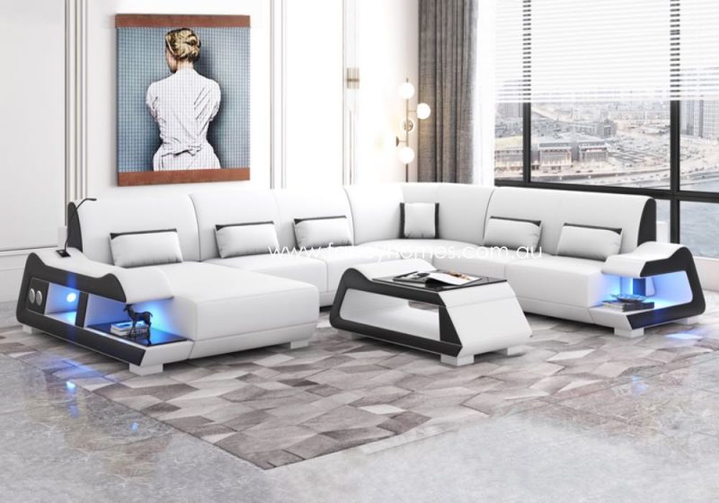 l Modular Leather Sofa Pure White and Black with Blue Lighting and Blue