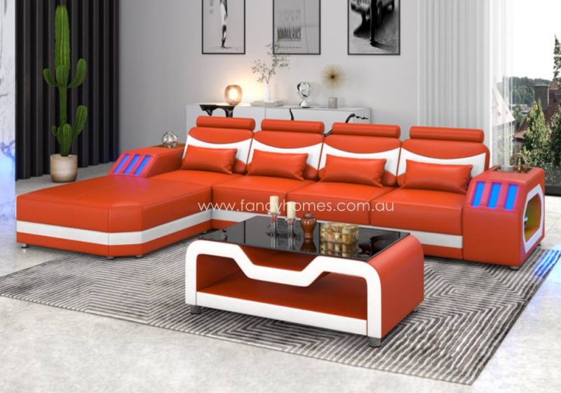 Fancy Homes Juniper-C Chaise Leather Sofa Orange and Pure White Futuristic Style with Blue Lightings