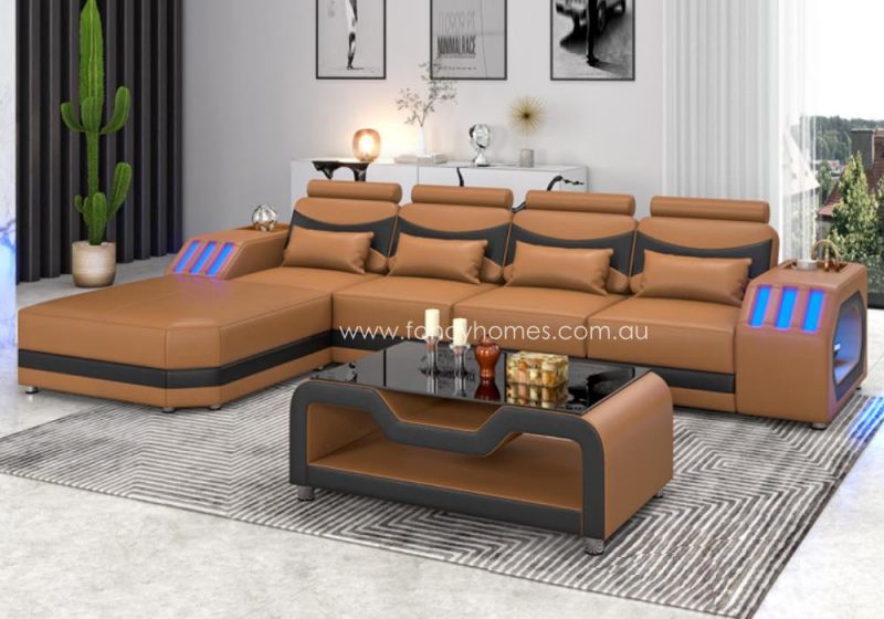 Fancy Homes Juniper-C Chaise Leather Sofa Tan and Black Futuristic Style with Blue Lightings