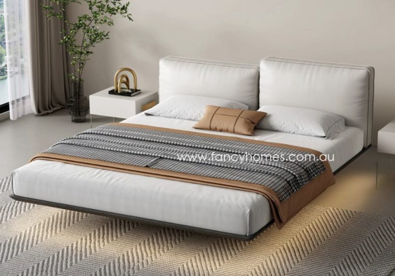 Fancy Homes Bridget Contemporary Floating Leather Bed Frame Leather Beds Online White with Ambient Lighting
