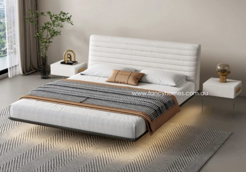 Fancy Homes Neil Contemporary Floating Leather Bed Frame Leather Beds Online with Ambient Lighting White Colour