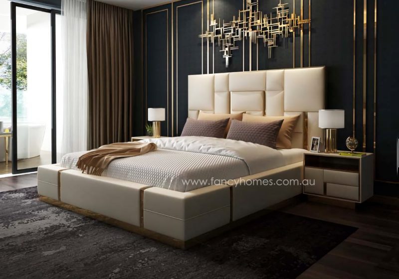 Fancy Homes Orlando Contemporary Leather Bed Leather Beds Online with Gold Trims Queen and King Bed