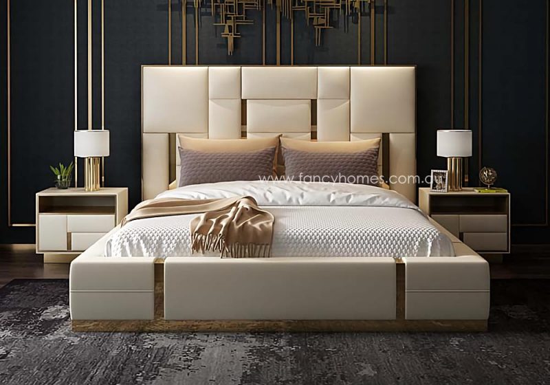 Fancy Homes Orlando Contemporary Leather Bed Leather Beds Online with Gold Trims Queen and King Size