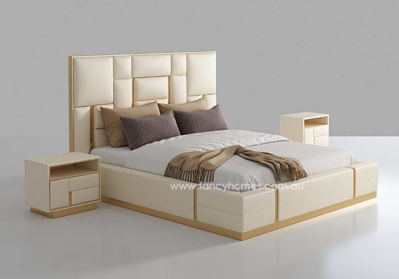 Fancy Homes Orlando Contemporary Leather Bed Frame Leather Beds Online with Gold Trims Queen and King Size