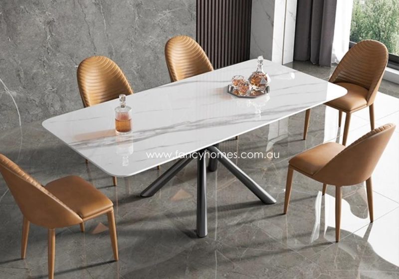 Fancy Homes Ballari Sintered Stone Dining Table, Tables in White and Grey Calacatta White Top