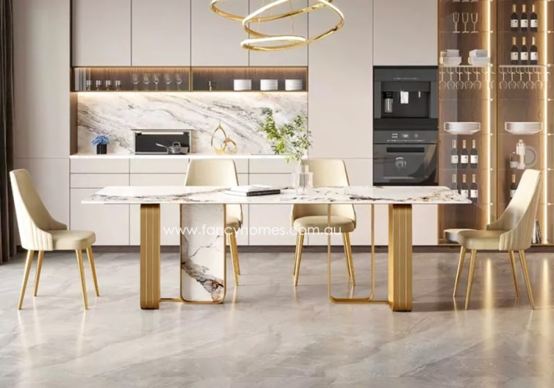 Fancy Homes Ivy Sintered Stone Dining Table Gold Base Features Customisation Options Change Size Table Top Shape and Stone Colour