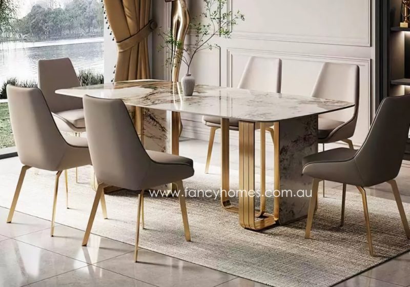 Fancy Homes Ivy Sintered Stone Dining Table Gold Base Features Customisation Options Change Size Table Top Shape and Stone Colours