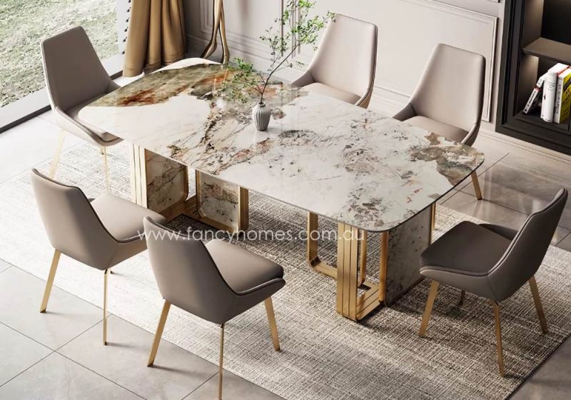 Fancy Homes Ivy Sintered Stone Dining Table Gold Base Features Customisation Options Change Size Table Top Shape and Stone Colours Pandora Top