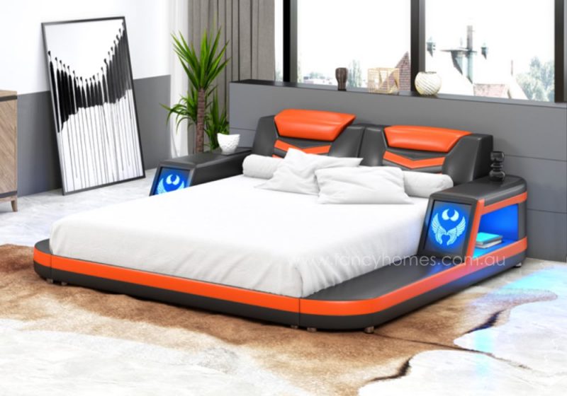 Fancy Homes Lumina Leather Bed Frame Leather Beds Online with LED Colour Changing Light in Black and Orange Colour