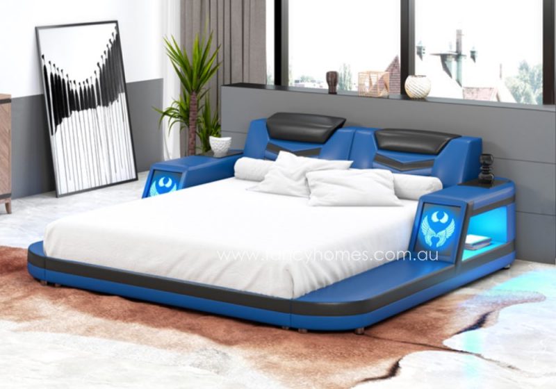 Fancy Homes Lumina Leather Bed Frame Leather Beds Online With LED Light in Blue and Black