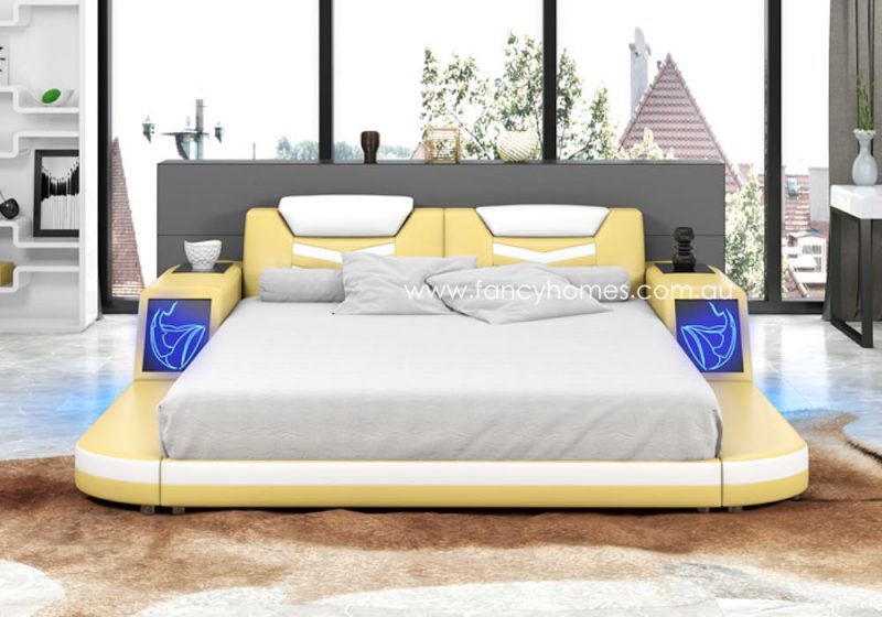 Fancy Homes Lumina Leather Bed Frame Leather Beds Online with LED Light in Cream and White Colour