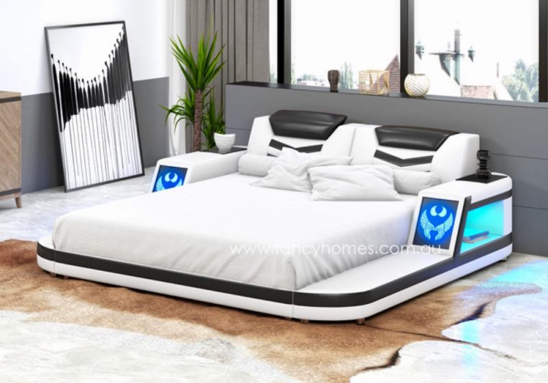 Fancy Homes Lumina Leather Bed Frame with Colour Changing LED Light Leather Beds Online in White and Black