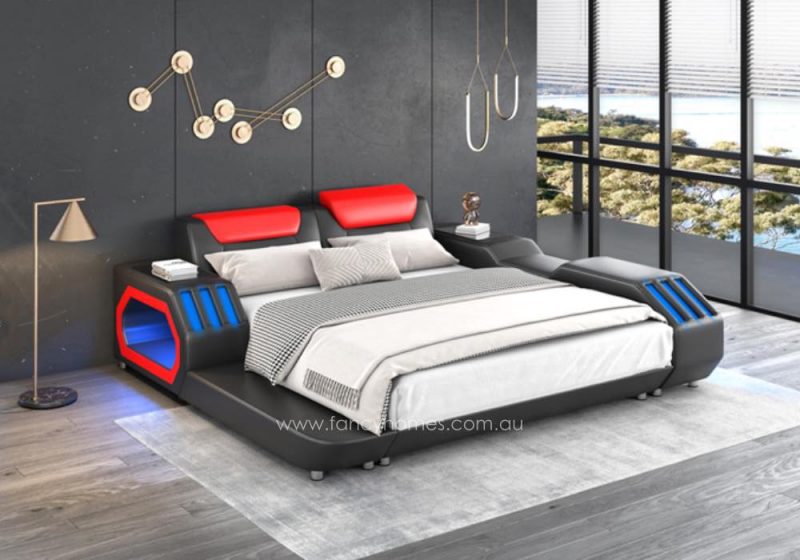 Fancy Homes Razzo Leather Bed Frame with LED Light Futuristic Design Bed with Light Fully Customisable Bed Black and Red Colour